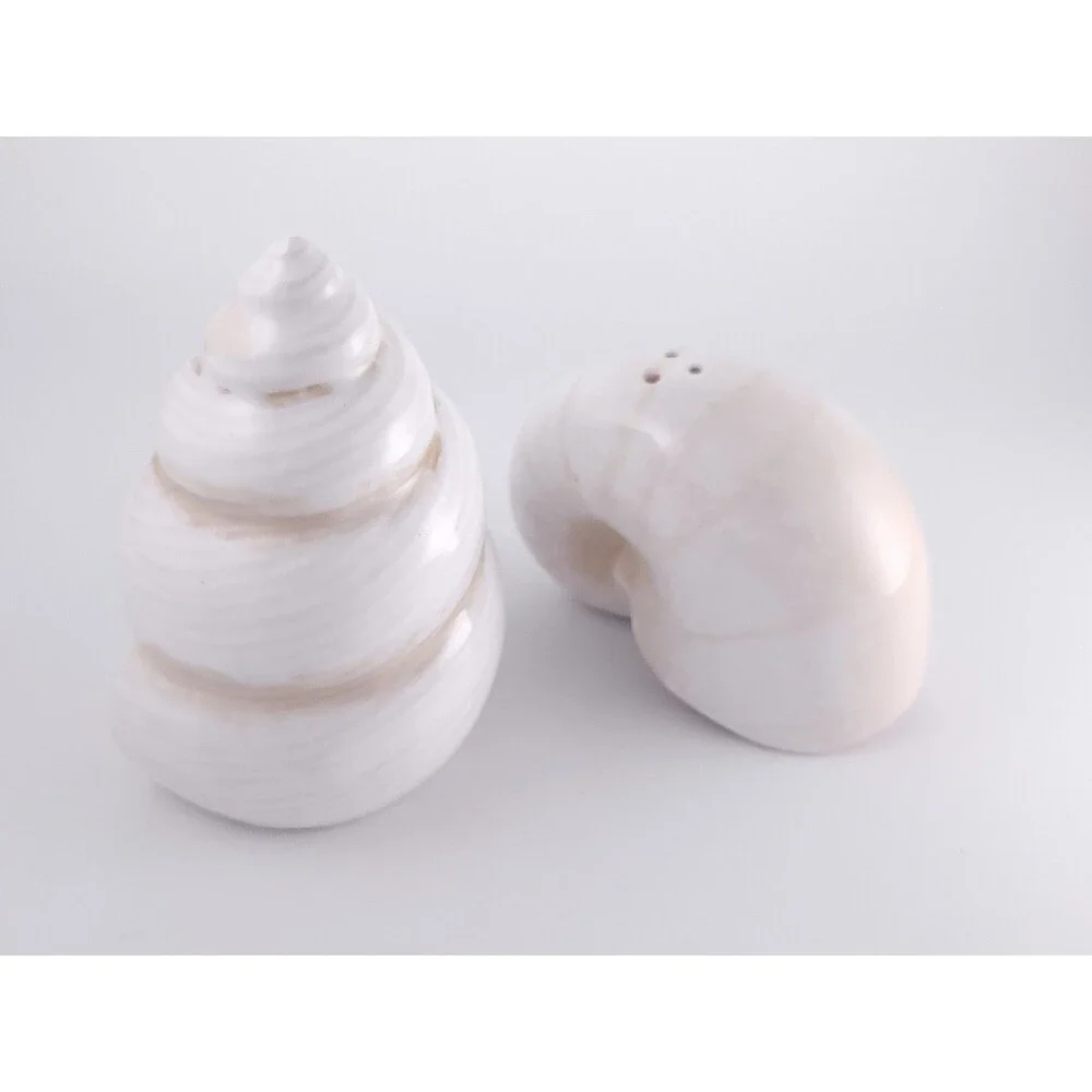 Vintage White Ceramic Seashell Salt and Pepper Shakers Set Coastal Beach Decor